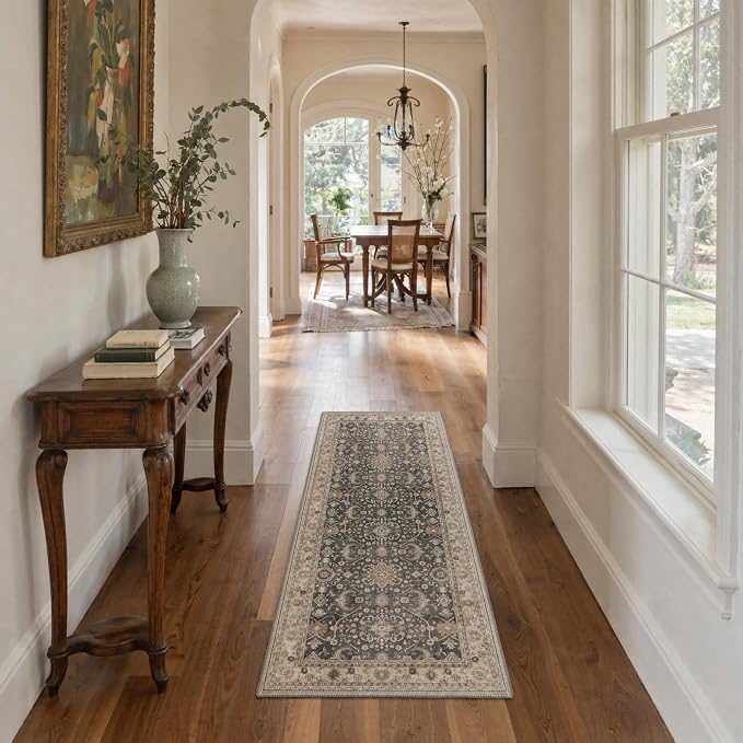 Bavni 2x5 Rug Runners for Hallways, Washable Runner Rug Non Slip, Vintage Floral Oriental Floral Rugs for Bedroom, Lightweight Low Pile Carpet for Hallways Bathroom, Dusty Taupe