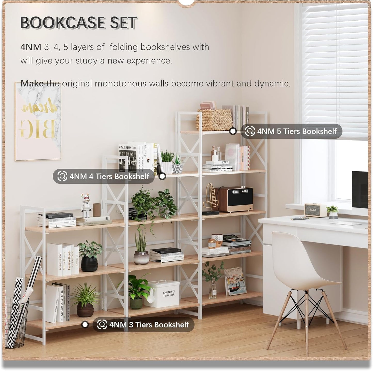 4NM 5 Tiers No Assembly Book Shelves, 51.2" H Folding Bookshelf Bookcase Open Industrial Foldable Shelves for Bedroom, Living Room, Home Office - Natural White