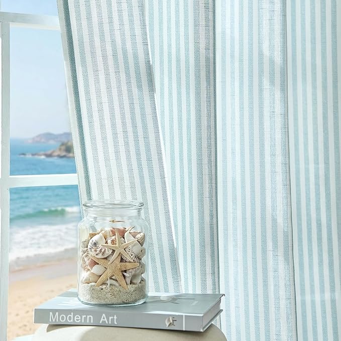jinchan Linen Curtains 63 inch Aqua Blue Stripe on White Grommet 2 Panels | Curtains for Living Room Bedroom,Ticking Vertical Stripe ,Modern Beachy Coastal Drapes,Window Treatment,Light Filtering