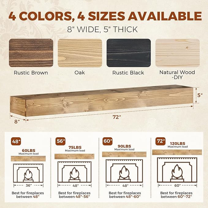 72x8x5 Fireplace Mantel - Handcrafted Rustic Solid Wood Wall Mounted Floating Shelf with Invisible Heavy Duty Wood Bracket (Natural)