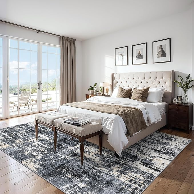 Area Rugs Living Room Rug - 4x6 Washable Modern Abstract Soft Neutral Non-Slip Carpet Large Indoor Floor Thin Carpets for Bedroom Dining Room Farmhouse Nursery Home Office Black Gold