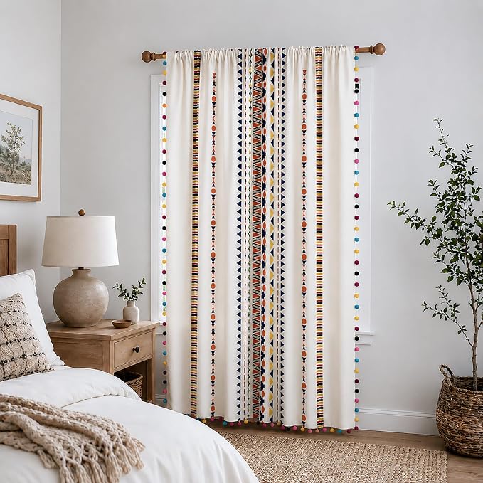 VOGOL Linen Textured Boho Curtains, Semi Blackout Geo Pattern Window Treatment with Pom Pom, Colorful Rod Pocket Drapes for Living Room Sliding Door, 52 x 84, 1 Panel