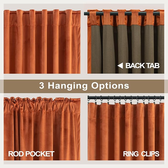 Burnt Orange Velvet Curtains 72 Inch Length 2 Panels for Dining Room Living Back Tab Pleated Thermal Insulated Curtains for Summer Heat Block Winter Rust Terracotta Drape for Girls Bedroom Kids Funky