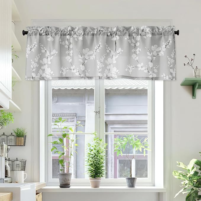 FMFUNCTEX Gray-White Kitchen Valance Curtain 15-inches Length Blossom Print Canvas Window Curtain Valance for Cafe Floral Botanical Pattern Window Top Curtain Rod Pocket 1 Pack