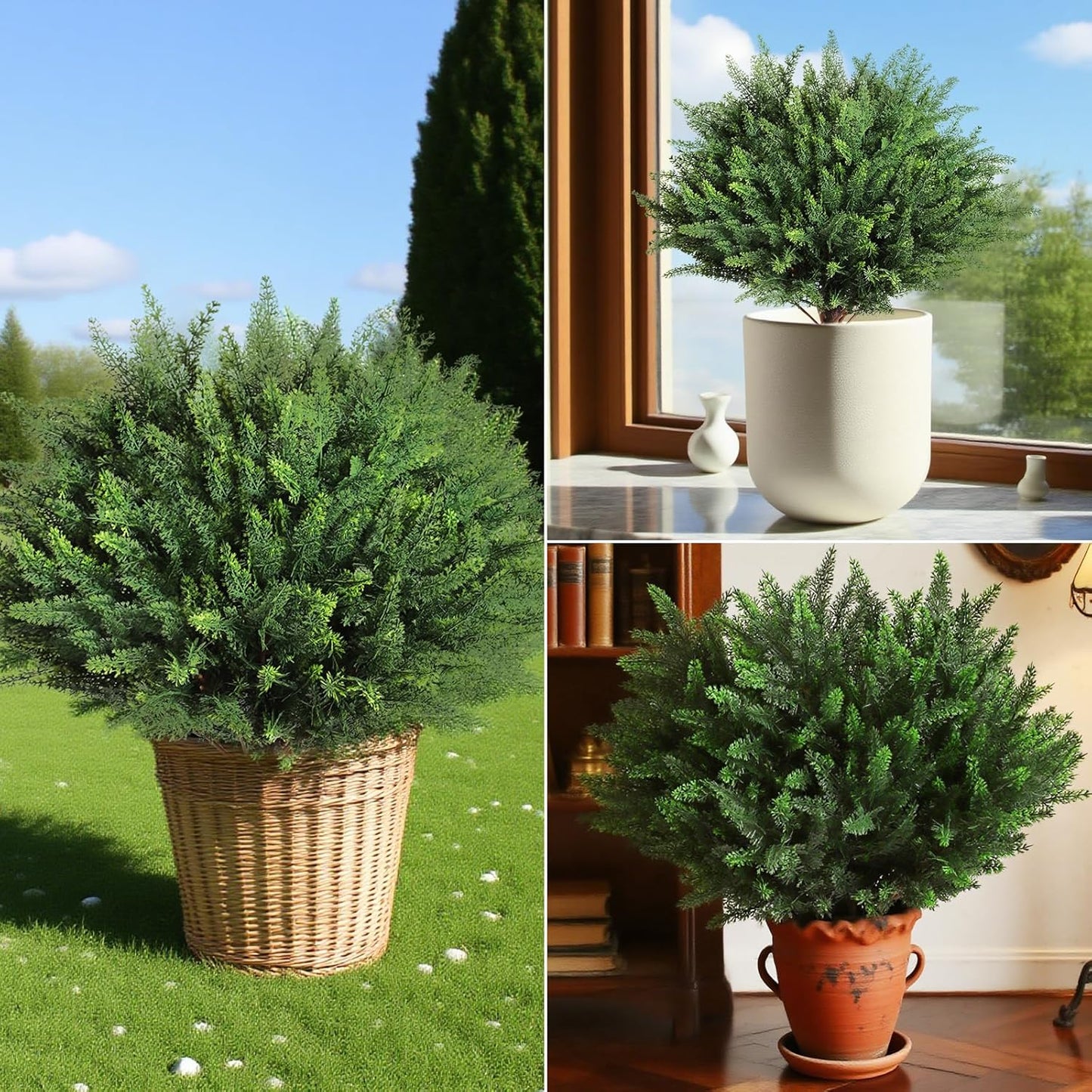 23" Artificial Cedar Topiary Ball Trees ，Set of 2 Outdoor Faux Plants with Ground Spike, UV Resistant Fake Pine Shrubs Bushes for Indoor Front Porch Yard Decorations (Cypres)