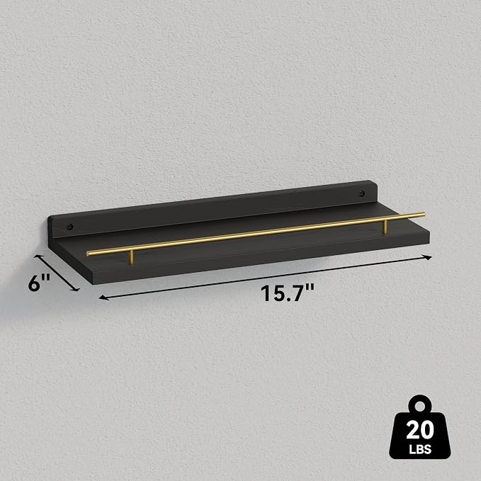 WOPITUES Floating Shelves with Gold Metal Guardrail, Shelves for Wall Decor Set of 3, Wall Shelves for Bedroom, Bathroom, Kitchen, Living Room, Plants, Picture Frames, Art- Black and Gold