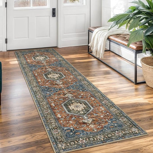 KUTA Vintage Washable Runner Rug, 2x7 Non-Slip Vintage Brick Red Hallway Kitchen Runners Soft Printed Tribal Farmhouse Floor Carpet Rugs for Laundry Bedroom Living Room