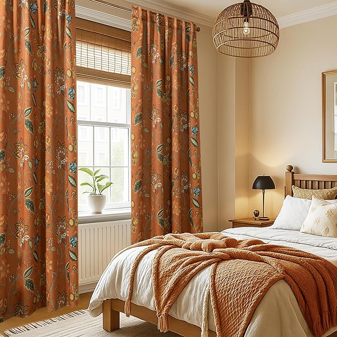 Pattern Black Out Curtains 96 Inches Long 2 Panel Set Rustic Farmhouse Blackout Curtain for Living Room,Earthy Rust Orange Olive Green Boho Vintage Floral Eclectic 70s Hippie Curtains for Bedroom