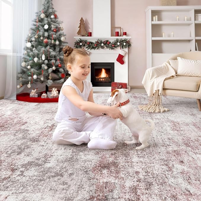 UERMEI 9x12 Washable Area Rug - Neutral Modern Abstract Living Room Rugs, Non-Slip Soft Large Indoor Floor Carpet for Bedroom Home Office & Under Dining Table Decor, Pink Grey