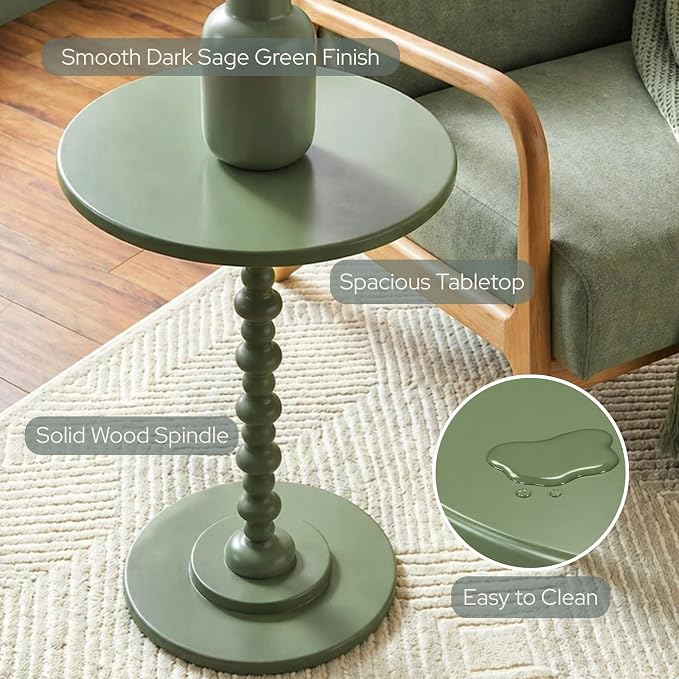 Convenience Concepts Classic Accents Amelia Spindle Table 18" - Traditional Solid Wood Round Side Accent, Display Pedestal for Transitional Living Room, Entryway, Hallway, or Bedroom, Dark Sage Green
