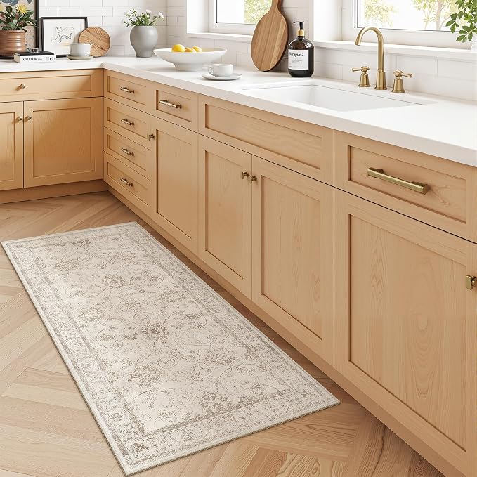 Madane 2x4 Washable Rugs for Entryway, Low Pile Non-Slip Small Area Rug Kitchen Door Mat, Vintage Soft Throw Neutral Rug Floor Mat for Indoor Front Entrance Bathroom Hallway (2 x 4, Brown/Ivory)