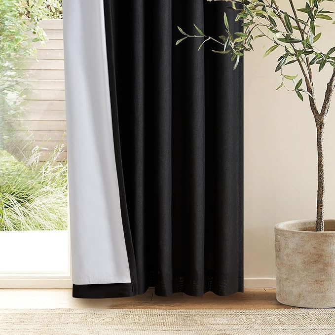 Black Pinch Pleated Linen Blackout Curtains 2 Panels for Living Room Bedroom Thermal Insulated 100% Black Out Linen Drapes with Liner Room Darkening Window Curtains 40x63