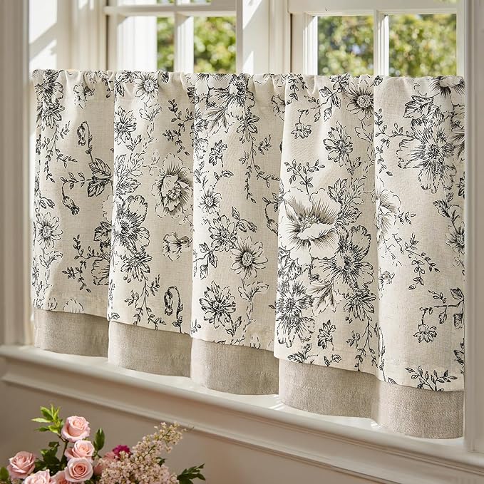 jinchan Linen Kitchen Curtain 24 Inch French Floral Double Layer Curtain Farmhouse Vintage Tier Drape Rustic Half Window Curtain for Living Room Window Treatment Rod Pocket 1 Panel Black on Beige