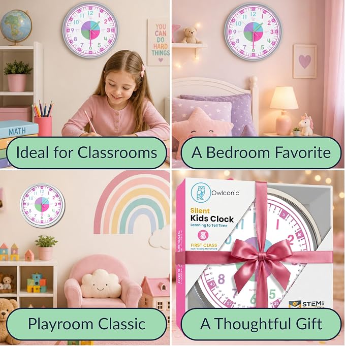 OWLCONIC Clock for Kids – Educational Analog Learning Wall Clock, Non Ticking Teaching Clock for Classroom & Homeschool, Silent Kids Bedroom Décor Pastel Pink