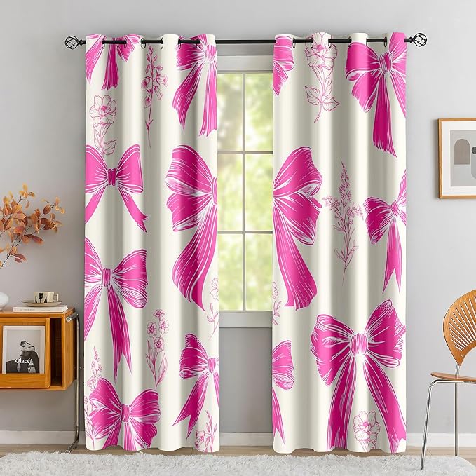 LUVIVIHOME Pink Floral Bow Curtains, Cute Blackout Curtains, Girls Bedroom Decor, Aesthetic Girly Curtains, 2 Panel Sets, 42x63 Inch