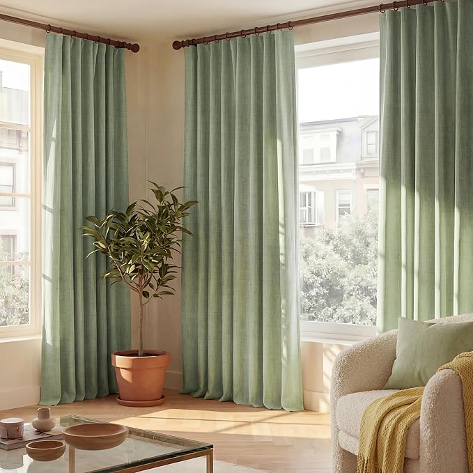 NICETOWN Farmhouse Linen Textured 100% Blackout Curtains 2 Panels, Hook Belt/Back Tab/Pocket Thermal Insulated Room Darkening Window Treatments for Bedroom, Sage Green, 52" W x 90" L