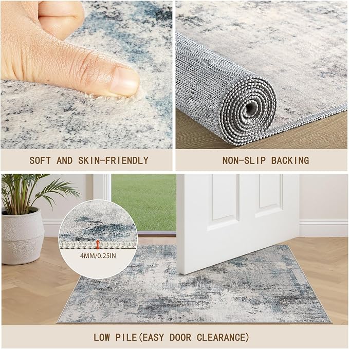 Abstract 2x3 Area Rug: Machine Washable Non Slip Ultra Thin Low-Pile Carpet, Soft Stain Resistant for Entryway Kitchen Bathroom, Kid Pet Friendly, Robot Vacuum Compatible - Grey Blue