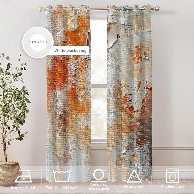 Shrahala Brushstrokes of Paint Blackout Window Curtains, Orange Grey Canvas Texture Thermal Insulated Curtains Grommet Top Window Drapes for Living Room, Bedroom (2 Panels, 52 x 84 in)