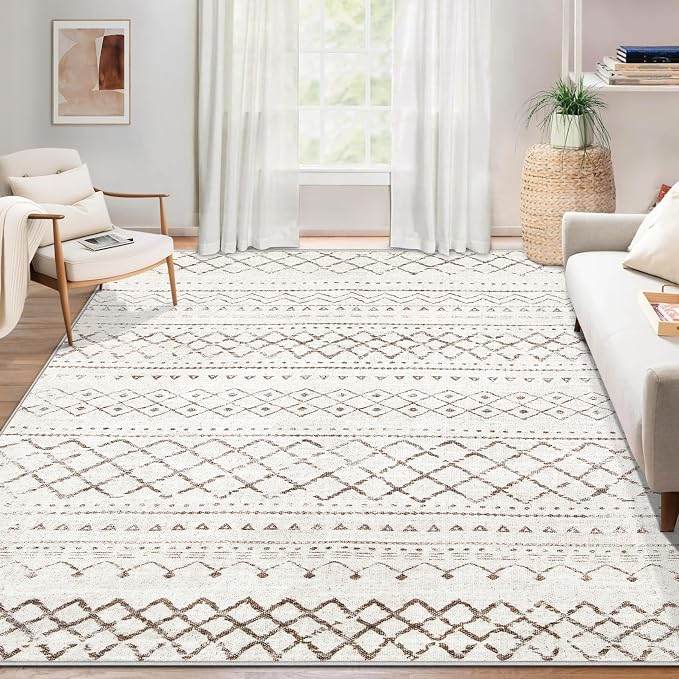 Area Rug 4x6 Geometric Rug: Washable Boho Moroccan Rugs Soft Farmhouse Rug, Modern Neutral Stain Resistant Indoor Floor Carpet for Livingroom Bedroom Dining Table Nursery(Brown,4X6)