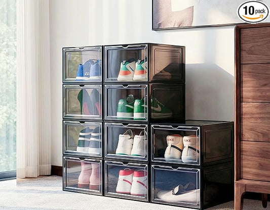 10 Pack Black Shoe Storage Boxes Stackable, Plastic Shoe Boxes with Lids, Sneaker Storage, Transparent, Thick Hard, Drop Front Door, Within US Size 13, Size: 13.54”x10.63”x7.49”