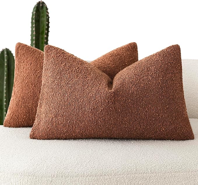 Foindtower Pack of 2 Textured Boucle Throw Pillow Covers Accent Solid Decorative Lumbar Pillow Cases Cozy Couch Cushion Case for Chair Sofa Bedroom Living Room Home Decor 12x20 Inch Red Taupe