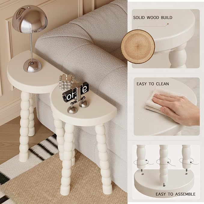 LitaEther 19.5" Wooden Bobbin Leg Side Table - Half Round Table - Wooden Accent Stool- Half Moon Tripod Table for Bedroom, Hallway, Living Room, Sofa Side (White,1pcs)