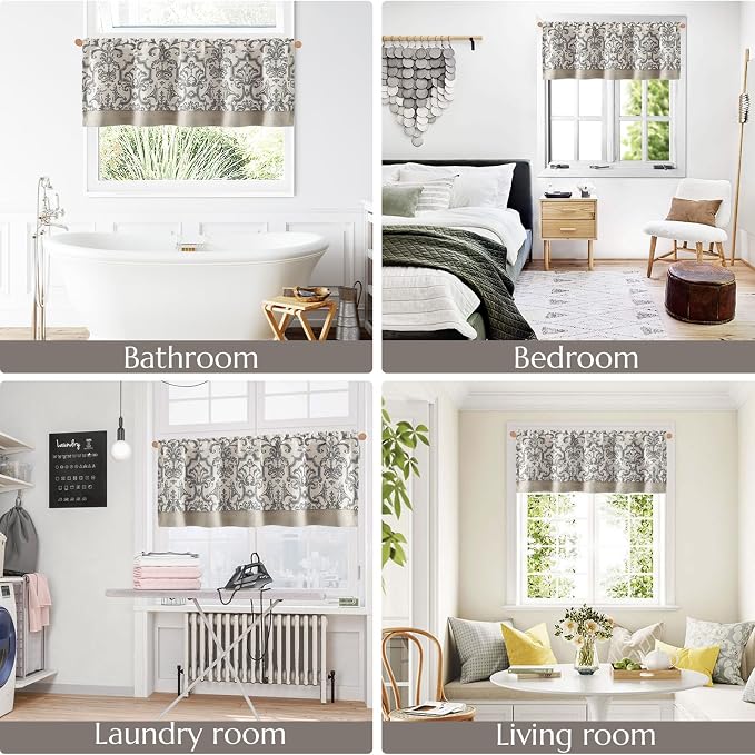 jinchan Linen Valance Curtain for Kitchen Vintage Damask Floral Blackout Valance Double Layer Gray Small Window Curtain for Living Room Bedroom Bathroom 18 Inch Rod Pocket 1 Panel Grey on Beige