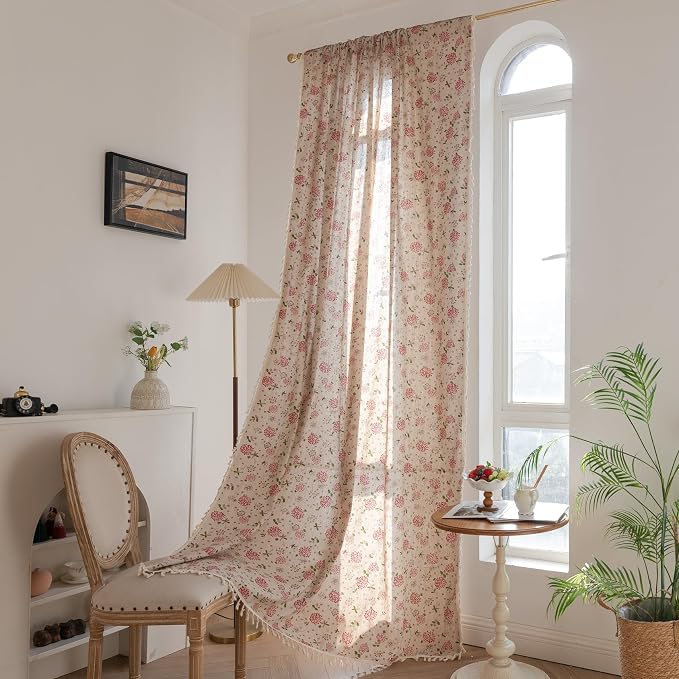 OYX Boho Curtains 63 Inch Length 2 Panels for Living Room, Bedroom Light Filtering Drapes, Farmhouse Vintage Country French Rustic Tassels Pattern Rod Pocket Aesthetic Decor Window Treatments