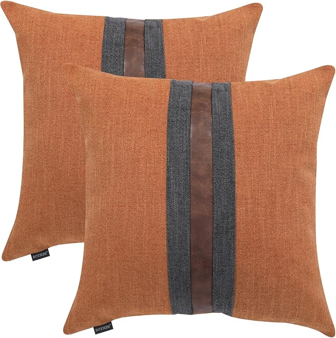 Set of 2 Leather Throw Pillow Covers Cotton Linen Decor Patchwork Pillow Cover Faux Leather Pillows Cover for Couch Sofa Living Room Bedroom,Orange 18"x18"