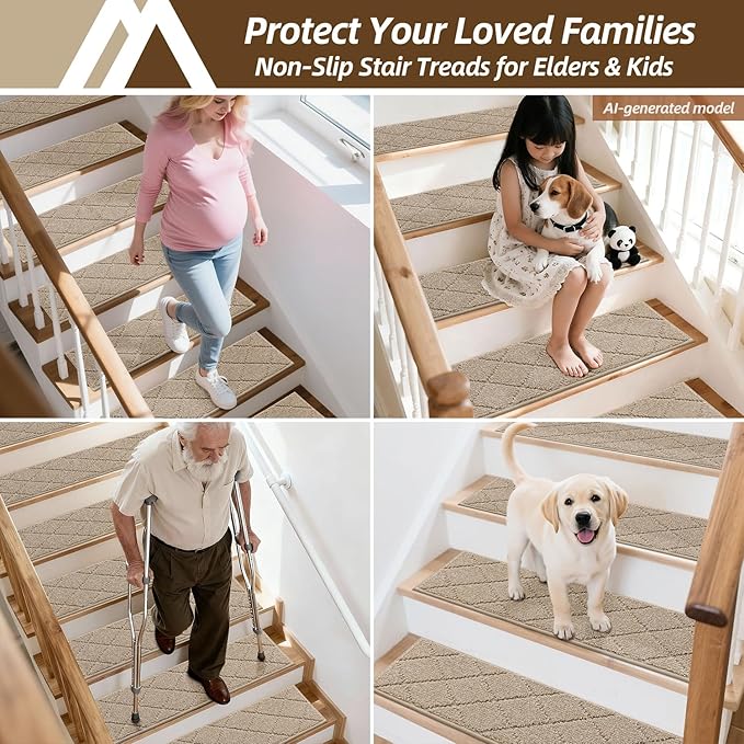 COSY HOMEER Edging Stair Treads Non-Slip Carpet Mat 28inX9in Indoor Stair Runners for Wooden Steps, Edging Stair Rugs for Kids and Dogs, 100% Polyester TPE Backing(4pc, Beige)