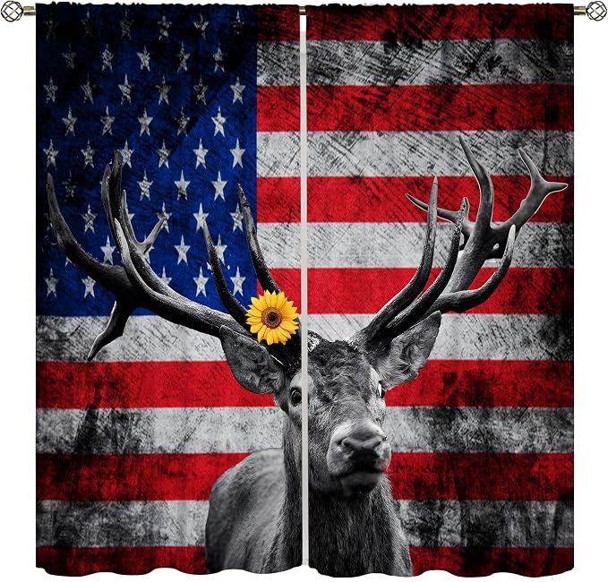 American Flag Curtains,Vintage Farmhouse Wildlife Elk Hunter Rural Style Drape for Bedroom Living Room Window Treatment 2 Panels Set Total Size 63" W X 72" L Inch
