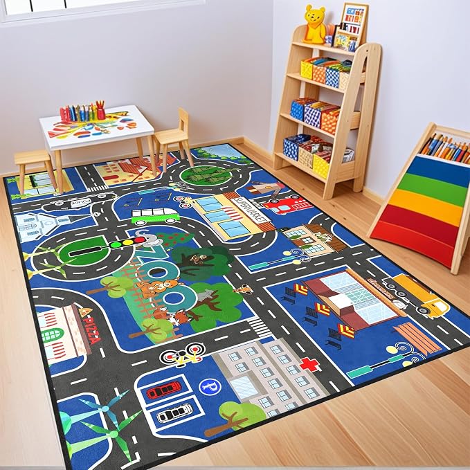Road Rug for Kids - Car Rug Play Mat for Boys Room, Blue Road Carpet Playmat Fun Race Track Car Carpet for Kids Bedroom Playroom Home Decor Floor Mat, 4.5x6 Feet