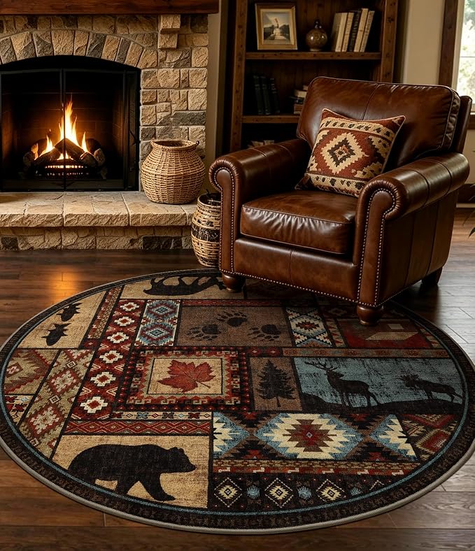 YIHOUSE Rustic Round Rug 4ft, Washable Circle Rug with Non-Slip Backing, Low Pile Soft Western Cabin Rugs for Living Room, Bedroom