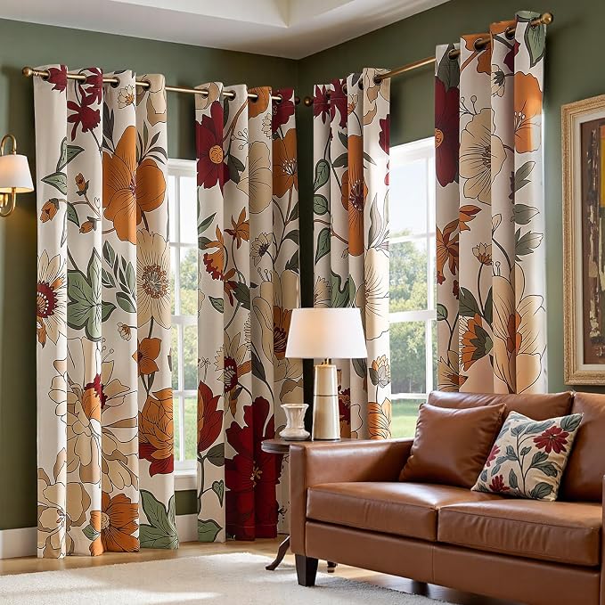 jinchan Lora Floral Curtains for Bedroom Blackout Drapes for Living Room Darkening Fabric Vintage Beige Boho Flower Pattern Fall Decor Window Curtains 96 Inches Length 2 Panels with Grommet