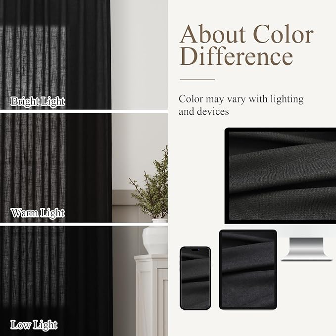 Black Curtains 90 Inches Long Cotton Linen Rod Pocket Back Tab Semi Sheer Black Drapes Privacy Light Filtering Lightweight Aesthetic Modern Elegant Boho Window Curtains 2 Panel Sets for Living Room