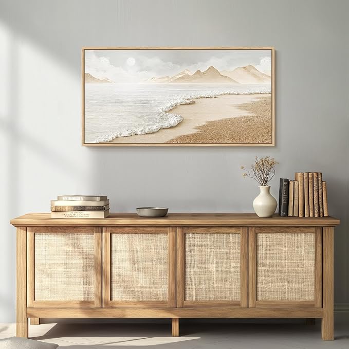 Framed Boho Beach Coastal Wall Art for Living Room, Large Neutral Ocean Canvas Artworks for Walls, Horizontal Abstract Minimalist Coastal Art Print for Bedroom Kitchen Office Wall Decor, 20x40 Inch