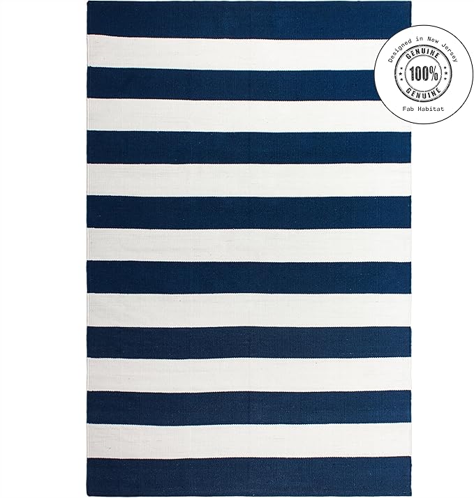 Fab Habitat Machine Washable Area Rug - Hand Woven, Stain Resistant, Pet Friendly - Premium Recycled Polyester Yarn - Stripes - Kitchen, Bathroom, Laundry Room - Nantucket - Blue & White - 3 x 5 ft