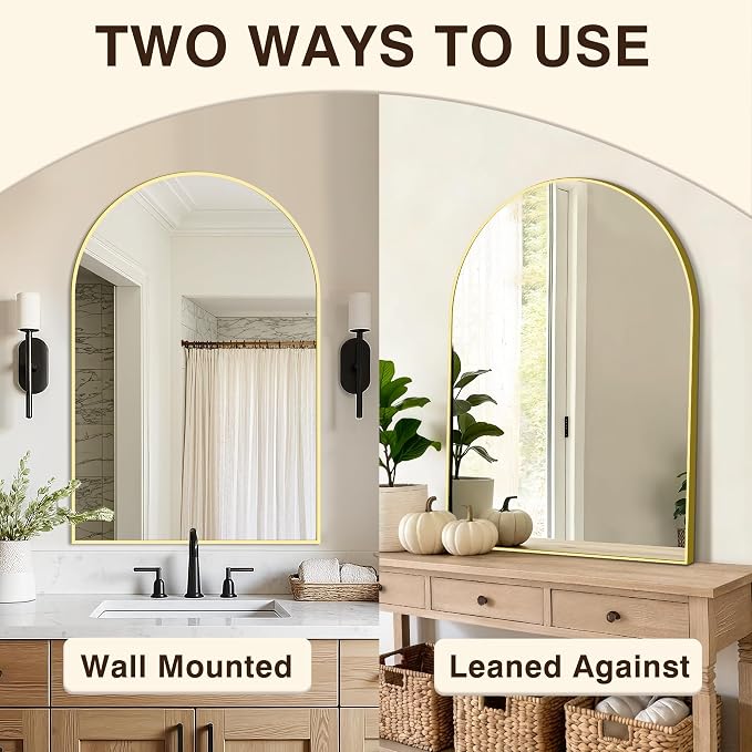 Vanity Bathroom Mirror for Wall, 2 Pack 36”x24” Arched Bathroom Mirror for Over Sink, Arched Metal Frame for Bedroom, Living Room, Entryway, Hanging or Leaning, Gold