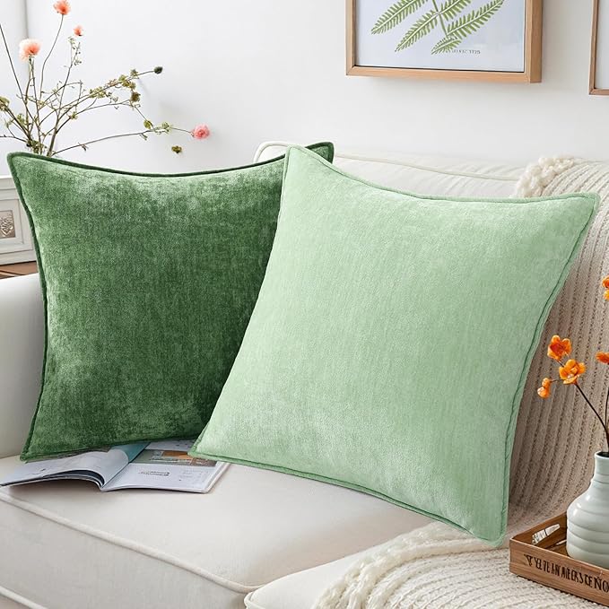 decorUhome Fall Couch Euro Sham Throw Pillow Covers 22x22 Set of 2, Decorative Soft Velvet Modern Cozy Chenille Pillow Cases with Elegant Design for Sofa Bed Living Room Home Decor, Sage Green