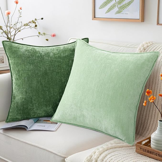 decorUhome Fall Couch Throw Pillow Covers 20x20 Set of 2, Decorative Soft Velvet Modern Cozy Chenille Pillow Cases with Elegant Design for Sofa Bed Living Room Home Decor, Sage Green