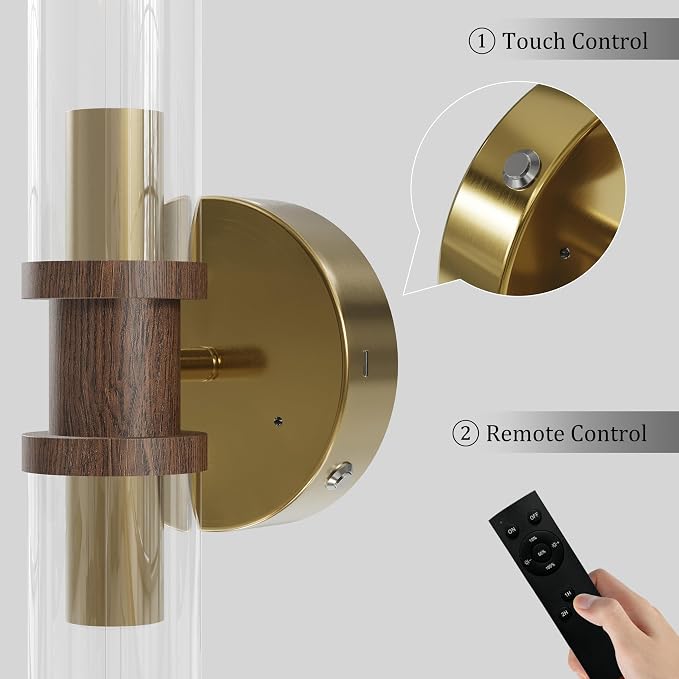 Rayogale Gold & Walnut Wireless Battery Operated Wall Sconces with Remote | Glass Rechargeable Wall Lights Set of 2 with Timer Function Dimmable for Living Room Bedroom Emergency 3000K, 20.5 Inch