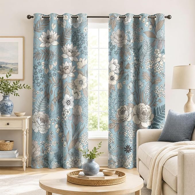 Boho Blue Floral Blackout Curtains for Bedroom, Vintage Botanical Flower Drapes Mid Century Window Curtains Darkening Thermal Insulated Grommet for Living Room Bedroom Decor 2 Panels 52x84 Inches