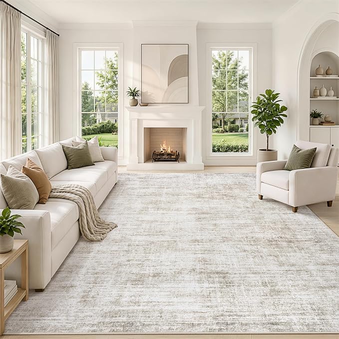 9x12 Area Rugs for Living Room Washable Rugs Neutral Abstract Large Rug Soft Modern Carpet Non-Slip Stain Resistant Low Pile Rug for Bedroom Dining Room Nursery Home Office Under Table Area Rug Brown