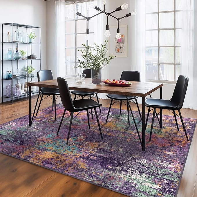 RELEANY Washable Area Rugs 5'x7' Non-Slip Modern Abstract Soft for Living Room Entryway Bedroom Kitchen, Print Pattern, Purple Orange Blue Green Rust Red Colorful