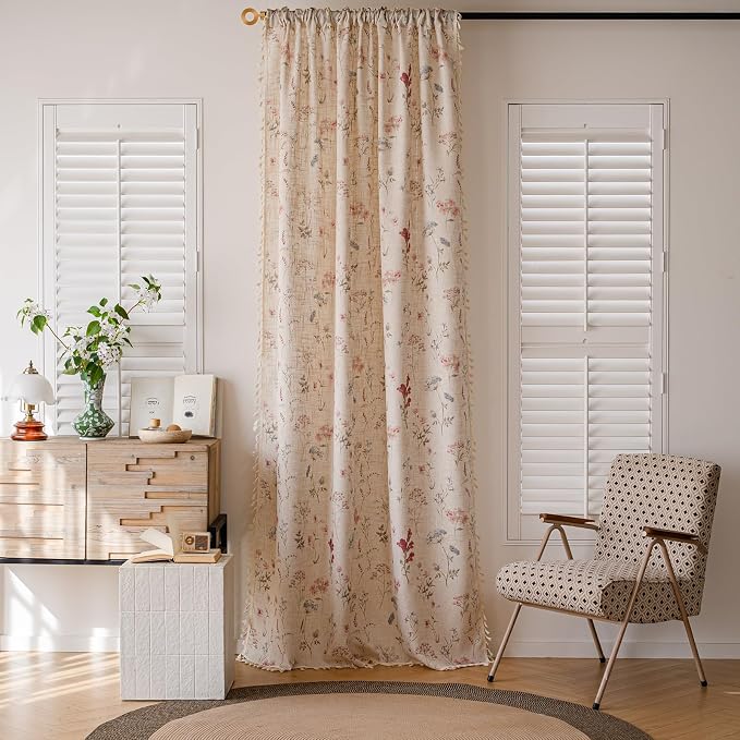 OYX Boho Floral Curtains 63 Inch Length 2 Panels, Linen Farmhouse Curtains Light Filtering Drapes with Tassels for Bedroom Living Room, Vintage Rustic Printed Rod Pocket