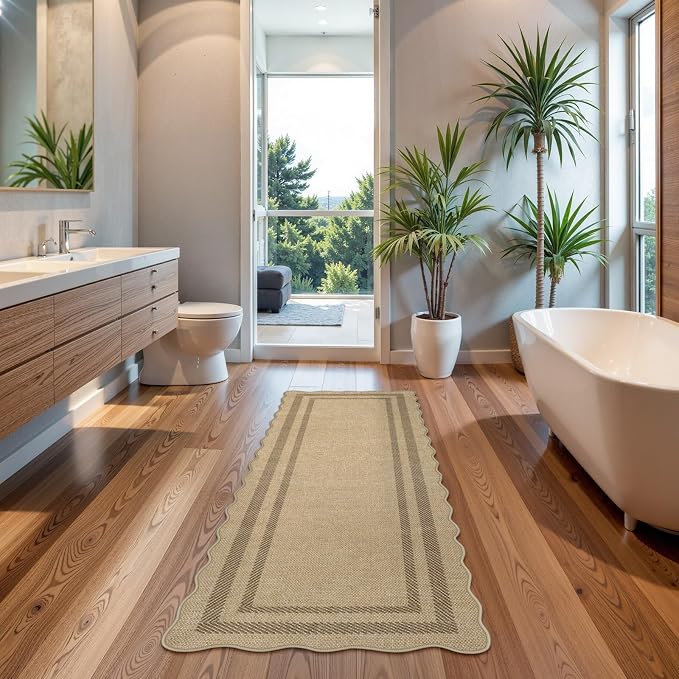 LIVEBOX Scalloped Washable 2x6 Kitchen Runner Rug, Easy Jute Geometric Tan Rugs for Entryway Hallway, Indoor Outdoor Non Slip Rug Farmhouse Modern Carpet Door Mat for Porch Bedroom Laundry Room