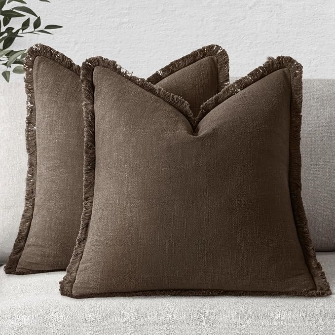 MIULEE Decorative Throw Pillow Covers Neutral Linen Fringe Throw Pillows Euro Shams Set of 2 Chocolate Brown Boho Farmhouse Cushion Covers for Couch Sofa Bed Living Room Fall Home Decor 26x26 Inch