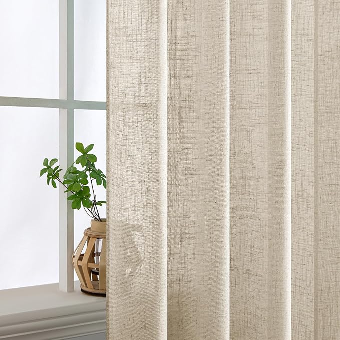 MIULEE Beige Linen Curtains 63 Inch Length 2 Panels for Bedroom Living Room, Soft Linen Textured Window Drapes Semi Sheer Light Filtering Back Tab Rod Pocket Farmhouse Modern Burlap Look Decor
