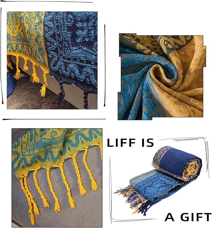 Bohemian Throw Blanket for Couch，Colorful Chenille Tassels Boho Woven Hippie Bed Blankets for Couch Sofa Chair Recliner Loveseat, Bohemian Fringe Tassels Decor Home (86" x 103")