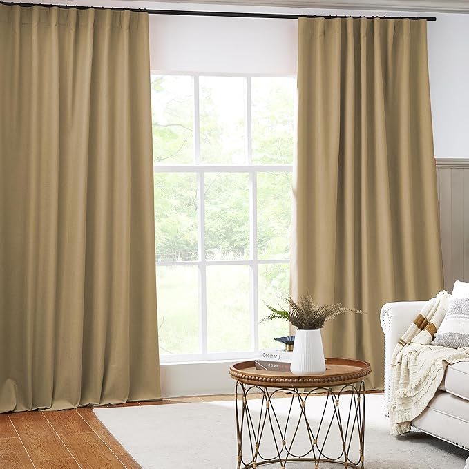 102 Inch Linen Blackout Curtains for Ceiling Track System Back Tab, Loop Pocket Curtains 72 Inch Wide Pinch Pleated Drapes for Patio Sliding Glass Door, Burlap Color/Camel,W72 x L102, 2 Panels